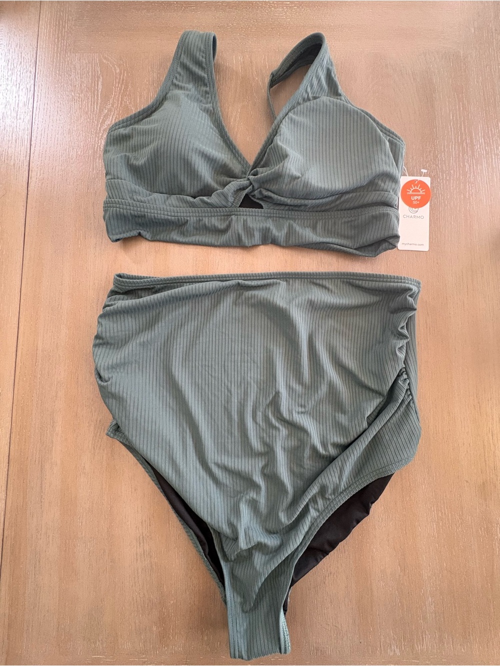 Ribbed Twist-Front High-Waist Bikini Set in Olive Green - Women Swim